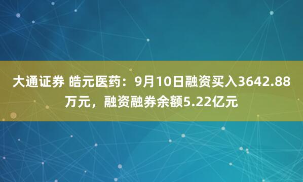 大通证券 皓元医药：9月10日融资买入3642.88万元，融资融券余额5.22亿元